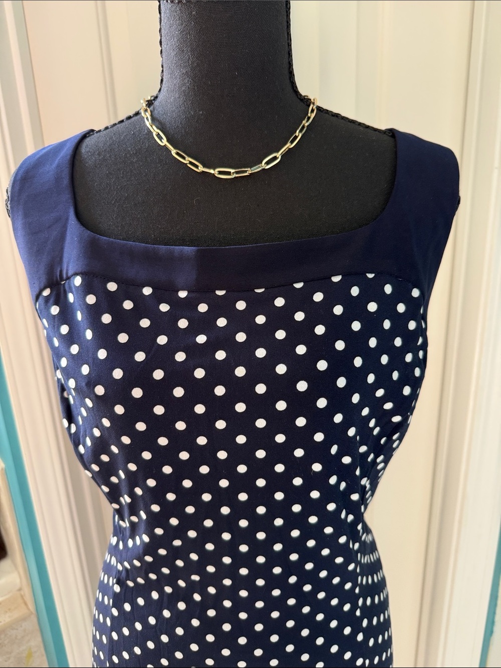 Chaps Navy and White Polka Dot Midi Dress - Picture 3 of 6